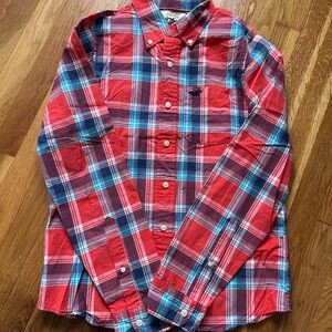 HOLLISTER Boys Large Plaid Button-Down Shirt Red Blue White Cotton Long Sleeve